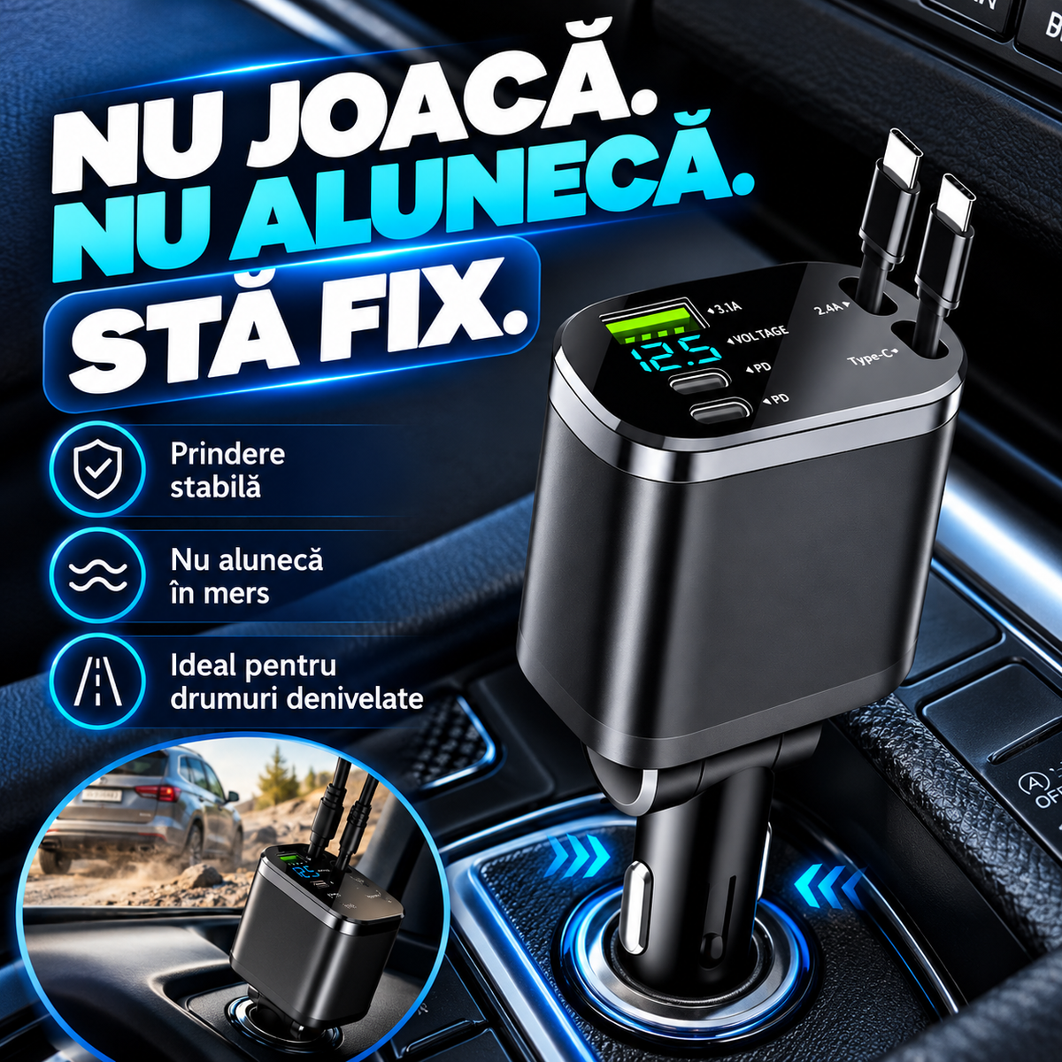 Încărcător Auto pentru Mai Multe Dispozitive cu Cap Reglabil la 180°