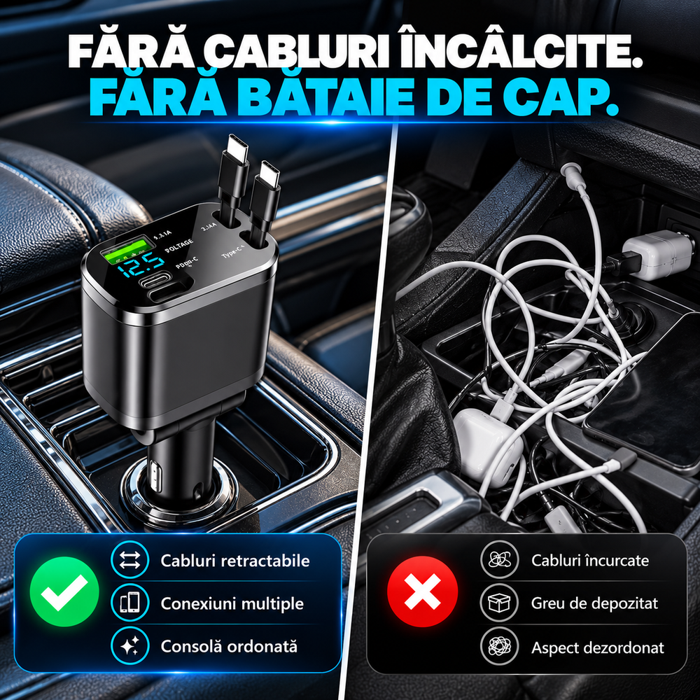 Încărcător Auto pentru Mai Multe Dispozitive cu Cap Reglabil la 180°