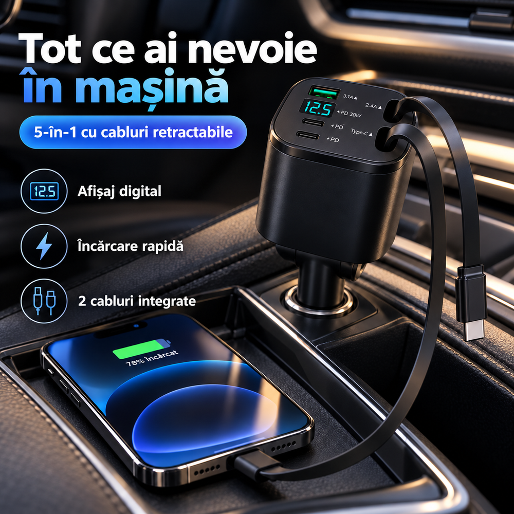 Încărcător Auto pentru Mai Multe Dispozitive cu Cap Reglabil la 180°